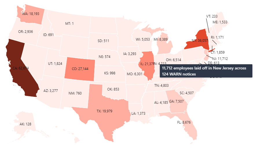 Layoffs in New Jersey 2023 Map.