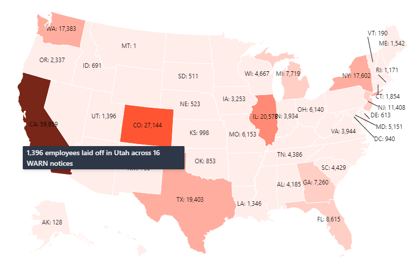 Utah Layoffs 2023 Map - WARN Data.
