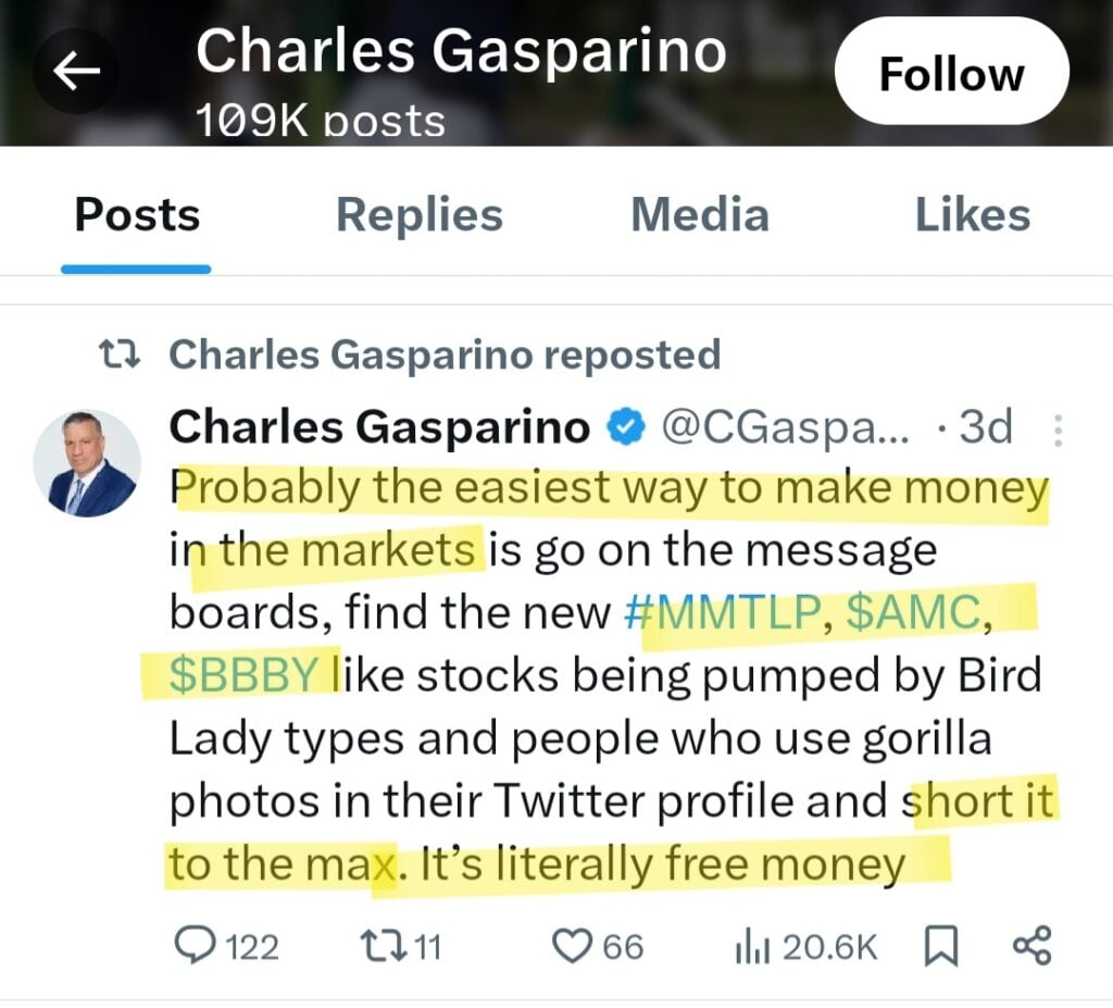 Fox Business's Charles Gasparino bashes MMTLP, AMC, BBBY on X, formerly Twitter.
