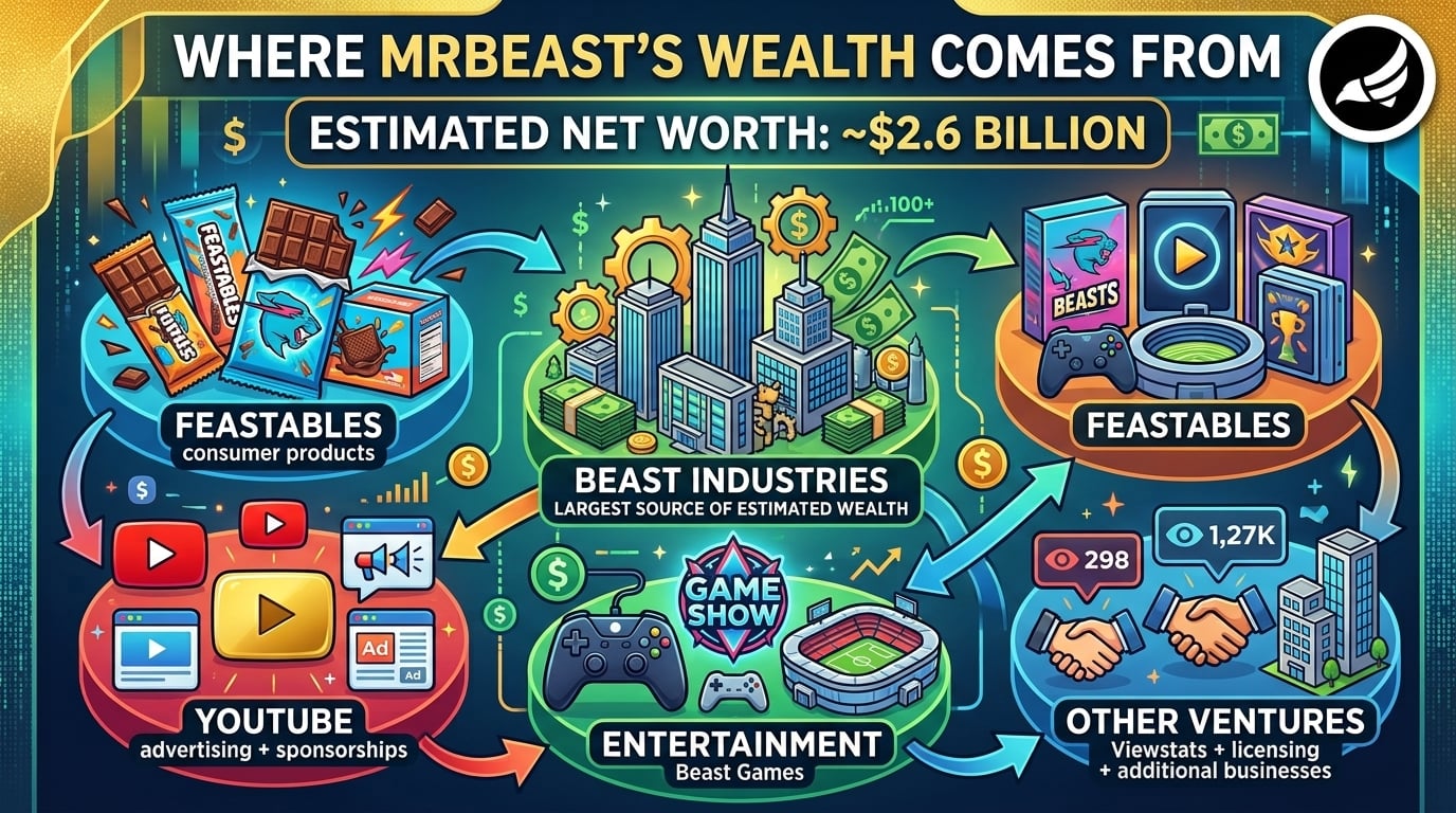 MrBeast wealth breakdown showing Beast Industries, Feastables, YouTube and other businesses
